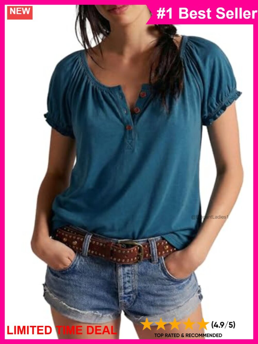 Womens Summer Tops Puff Ruffle Short Sleeve Henley V Neck Button Down Loose Fit
